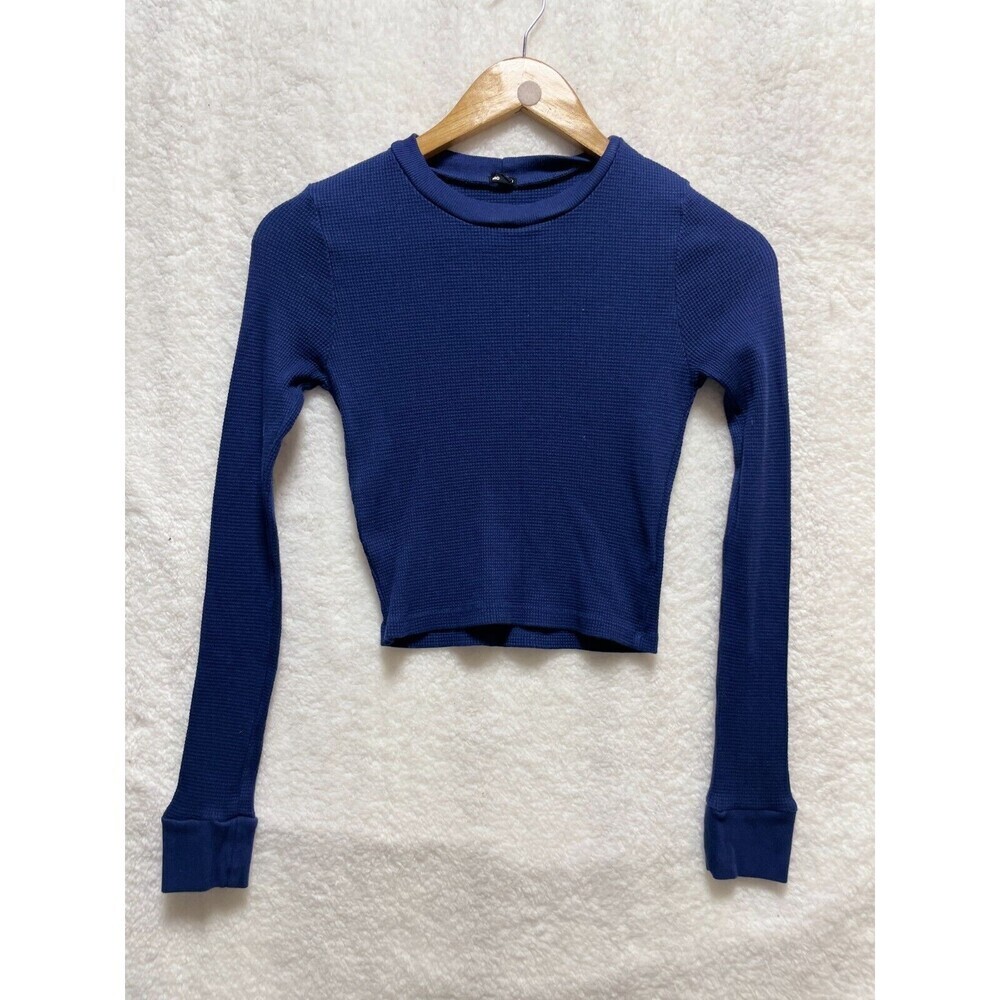 MONROW Thermal Cropped Long Sleeve Dark Blue Crew Neck Women's Size S‎ Fitted